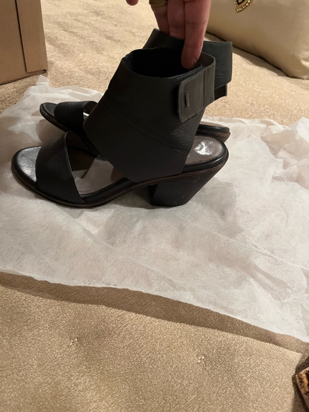 Eileen Fisher grey/ black Leather Open-Front Cuff Mules